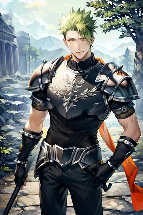 ((masterpiece)), ((best quality)), (ultra-detailed), absurdres, extremely detailed CG unity 8k wallpaper, Official Art, Accurate describe shapes, (realistic), detailed hands, expressive eyes, upper body, close-up, solo, (forest, scenery, dramatic light, illustration:1.1), (standing, arm at side, smile1.2), (1boy, mature male, muscular male, green hair, short hair, spiked hair, yellow eyes:1.4), (black shirt, short sleeves, black pants, black gloves, elbow gloves, shoulder armor, pauldrons, orange scarf, scarf around body:1.3), , ((masterpiece)), absurdres, HDR, achilles (fate), achilles - second ascension (fate), <lora:Achilles - FGO:0.7>