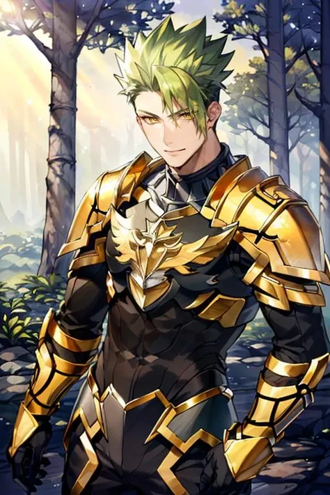 ((masterpiece)), ((best quality)), (ultra-detailed), absurdres, extremely detailed CG unity 8k wallpaper, Official Art, Accurate describe shapes, (realistic), detailed hands, expressive eyes, upper body, close-up, solo, (forest, scenery, dramatic light, illustration:1.1), (standing, arm at side, smile1.2), (1boy, mature male, muscular male, abs, green hair, short hair, spiked hair, yellow eyes:1.4), (black bodysuit, long sleeves, black gloves, golden armor, golden gauntlets, orange scarf:1.3), , ((masterpiece)), absurdres, HDR, achilles (fate), achilles - third ascension (fate), <lora:Achilles - FGO:0.7>