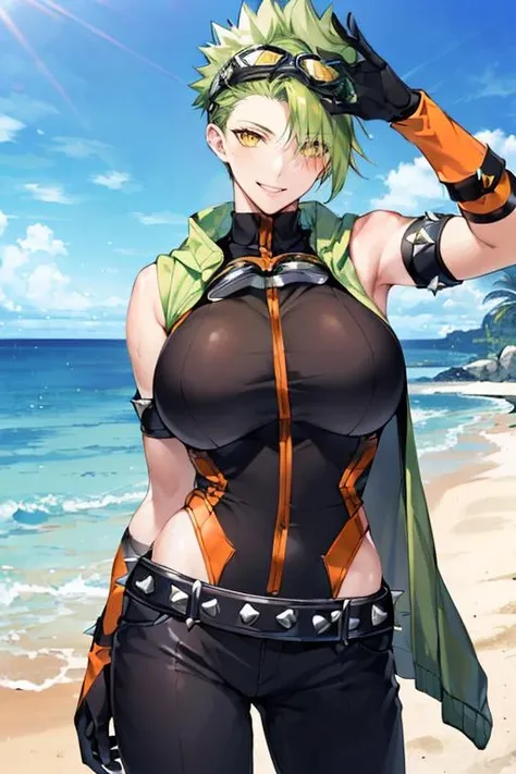 ((masterpiece)), ((best quality)), (ultra-detailed), absurdres, extremely detailed CG unity 8k wallpaper, Official Art, Accurate describe shapes, (realistic), detailed hands, expressive eyes, upper body, close-up, solo, (beach, scenery, dramatic light, illustration:1.1), (standing, arm at side, smile1.2), (1girl, mature female, large, green hair, short hair, spiked hair, yellow eyes:1.4), (black bodysuit, sleeveless, arm band, orange pants, goggles on head, black gloves, elbow gloves, green jacket, jacket around hips:1.3), , ((masterpiece)), absurdres, HDR, achilles - fearless diver (fate), <lora:Achilles - FGO:0.7> <lora:epi_noiseoffset2:0.7> <lyco:GoodHands-beta2:1.0>