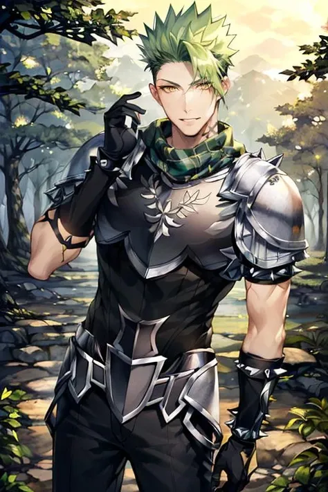 ((masterpiece)), ((best quality)), (ultra-detailed), absurdres, extremely detailed CG unity 8k wallpaper, Official Art, Accurate describe shapes, (realistic), detailed hands, expressive eyes, upper body, close-up, solo, (forest, scenery, dramatic light, illustration:1.1), (standing, arm at side, smile1.2), (1boy, mature male, muscular male, green hair, short hair, spiked hair, yellow eyes:1.4), (black shirt, short sleeves, black pants, black gloves, elbow gloves, shoulder armor, pauldrons, orange scarf, scarf around body:1.3), , ((masterpiece)), absurdres, HDR, achilles (fate), achilles - second ascension (fate), <lora:Achilles - FGO:0.7>
