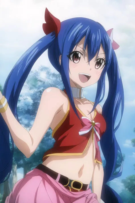 wendy, fairy tail, anime art style, 1girl, solo, small_breasts, dressed, long_hair, looking_at_viewer, smile, open_mouth, hair_ornament, hair_between_eyes, bare_shoulders, twintails, brown_eyes, blue_hair, upper_body, :d, parody, style_parody, anime_coloring blue_hair