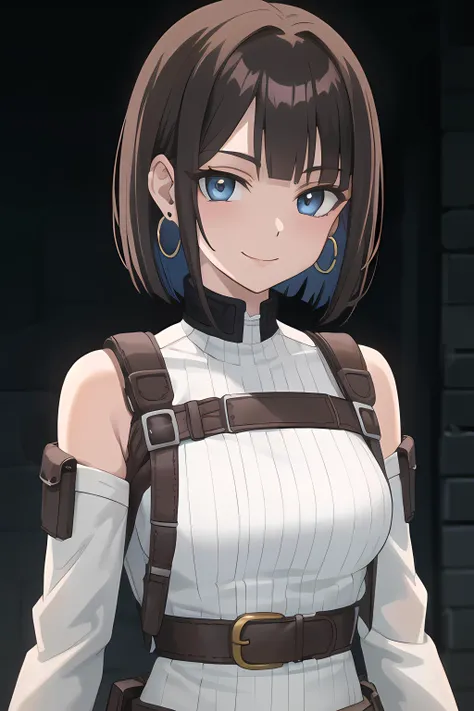 <lora:FairyTail_Girlpack_v3:0.3> anime art style, 1girl, solo, masterpiece, high quality, best quality, ultra quality, looking at viewer, skindentation, smile, (medium large breast), darkbrown hair, bob haircut, blunt bangs, ((longer sidelocks)), lightblue eyes, ear piercing, earrings, hoop earrings, jewelry, (black ribbed top, long sleeves:1.1), (tactical, shoulder holster, tactical belt, chest belt:1.1), upper body, looking at viewer, blurry background