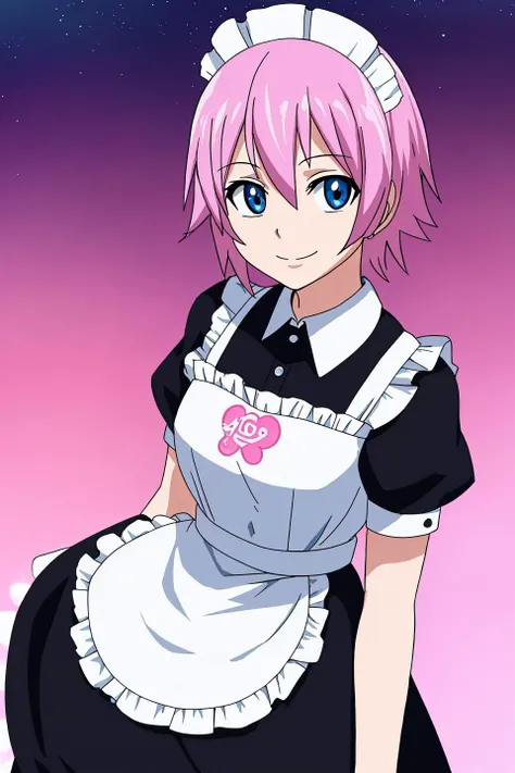 virgo, fairy tail, anime art style, 1girl, solo, looking_at_viewer, smile, short_hair, blue_eyes, pink_hair, short_sleeves, puffy_sleeves, apron, maid, maid_headdress, maid_apron