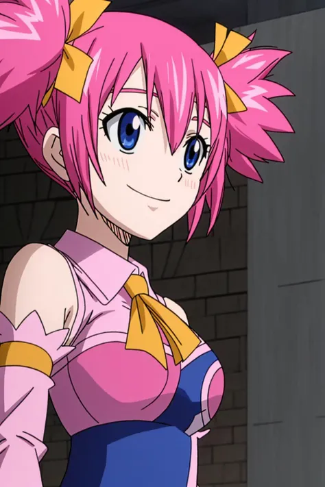 sherria, fairy tail, anime art style, 1girl, solo, smile, blue_eyes, ribbon, twintails, hair_ribbon, pink_hair, detached_sleeves, short_twintails