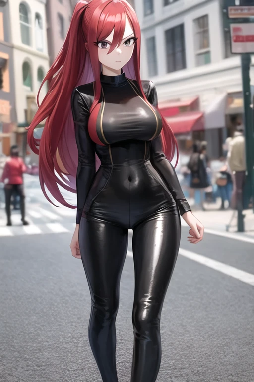 (((masterpiece))),(full body), (Extremely detailed eyes), 85mm, walking street, erza, fairy tail, friendly, long_hair, breasts, looking_at_viewer, brown_eyes, compression shirt, long sleeves, compression leather, medium breasts, red_hair, hair_over_one_eye, frown, city, streets, parc, bench, trees<lora:fairyTailGirlpack_01:0.8><hypernet:oov1wqLegacyAnime_v10:0.1>