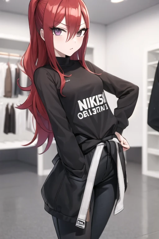 (((masterpiece))),(full body), (Extremely detailed eyes),Nikon Z9 with 15mm f/4 ISO 100, from front, fashion store, staying in dressing room, jacket around the waist, erza, fairy tail, looking friendly, long_hair, breasts, looking_at_viewer, brown_eyes, compression shirt, shirt cropped, white baggy pants, hands on waist, medium ass, small breasts, wide hips, red_hair, hair_over_one_eye,<lora:fairyTailGirlpack_01:0.8><hypernet:oov1wqLegacyAnime_v10:0.2>