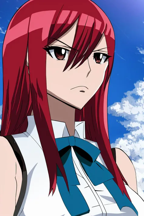 erza, fairy tail, anime art style, 1girl, solo, long_hair, breasts, large_breasts, shirt, ribbon, brown_eyes, upper_body, red_hair, outdoors, sky, sleeveless, day, cloud, blue_sky, frown, serious