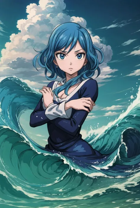 (best quality:1.4, high quality), <lora:FairyTail_Girlpack_v3:0.5>,(juvia:1), fairy tail, anime art style, blue hair, dark blue eyes, <lora:LiquidClothesV1fixed:1>, dress, liquid clothes, sea, waves, water, (wind, clouds), <lora:more_details:0.8>, sfw