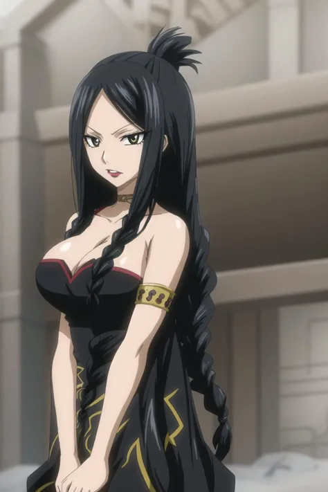 minerva, fairy tail, anime art style, 1girl, solo, long_hair, breasts, large_breasts, black_hair, cleavage, bare_shoulders, braid, black_eyes, makeup, lipstick, eyeshadow