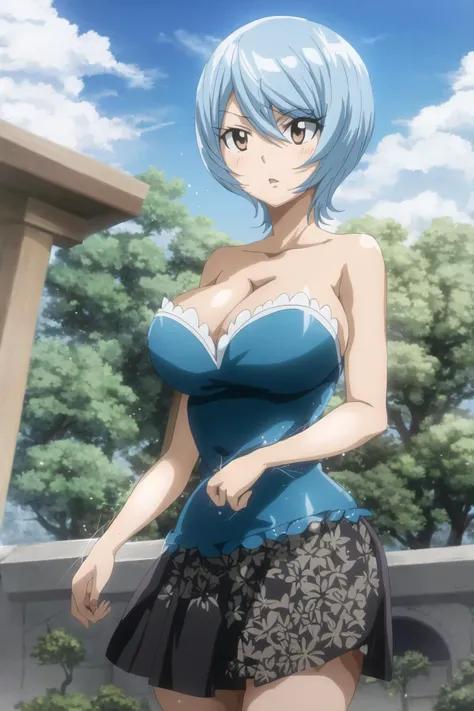 yukino, fairy tail, anime art style, 1girl, solo, breasts, short_hair, skirt, large_breasts, hair_ornament, dress, cleavage, bare_shoulders, brown_eyes, light_blue_hair, collarbone, flower, hair_flower, strapless