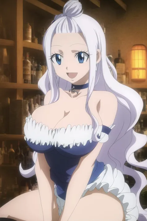 mirajane, fairy tail, anime art style, 1girl, solo, long_hair, breasts, looking_at_viewer, smile, open_mouth, blue_eyes, large_breasts, dress, cleavage, white_hair, :d, choker, topknot, anime_coloring