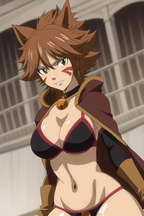 millianna, fairy tail, anime art style, 1girl, solo, breasts, short_hair, large_breasts, brown_hair, animal_ears, cleavage, underwear, choker, cape, bell, facial_mark