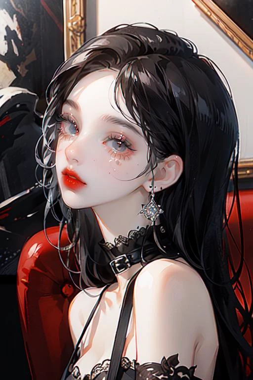 <lora:straind style_necromancer_:1>, 1girl, solo, goth dress, black hair, red lips, closeup portrait, looking at viewer, masterpiece, best quality, top quality, ultra-detailed, professional illustration, animation, official art, beautiful and aesthetic, detailed background, hires