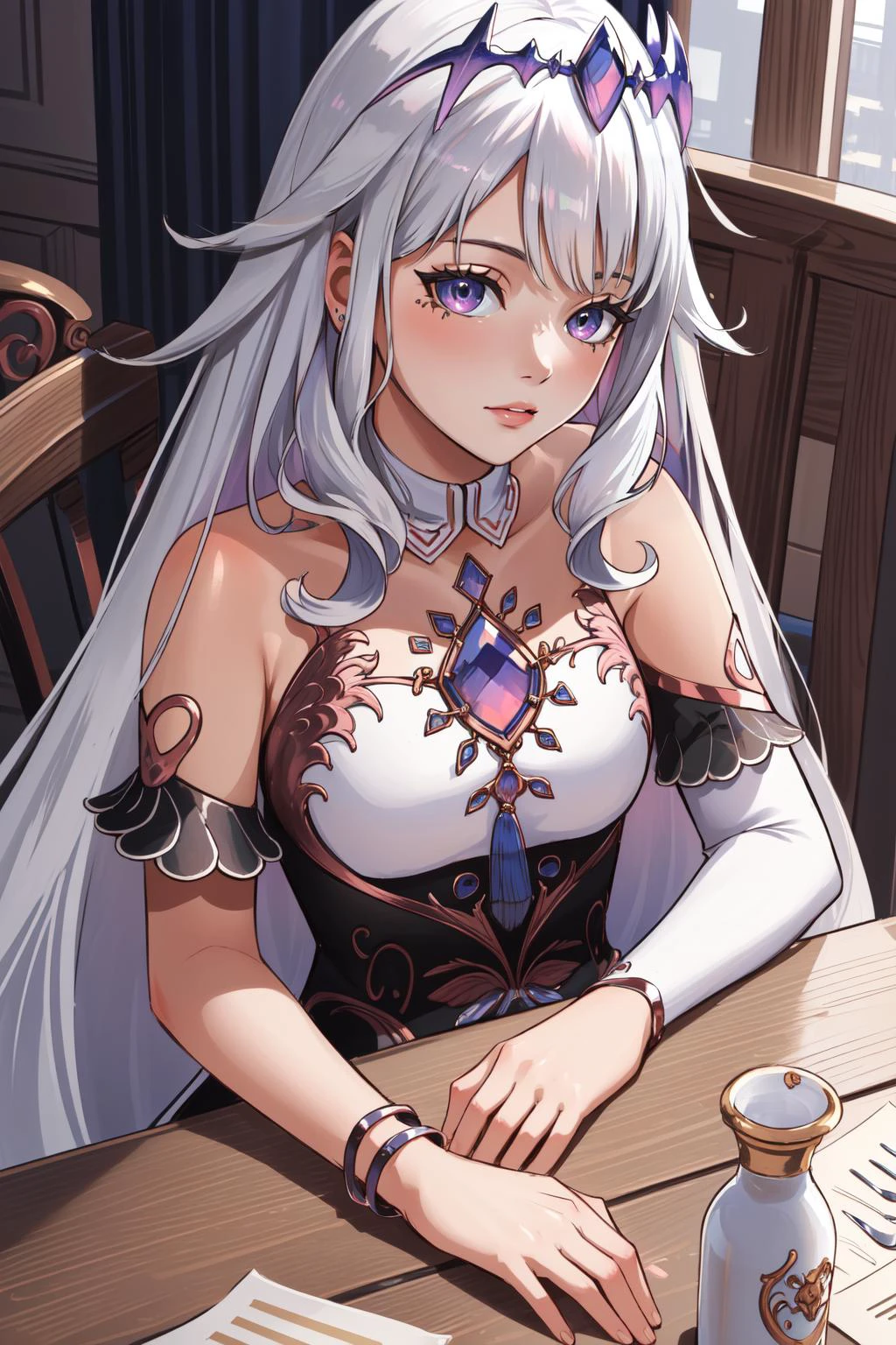 (masterpiece, best quality), intricate details,
1girl, <lora:Koseki_Bijou-10:0.8> koseki_bijou, long hair, white hair,
upper body, sitting at table,