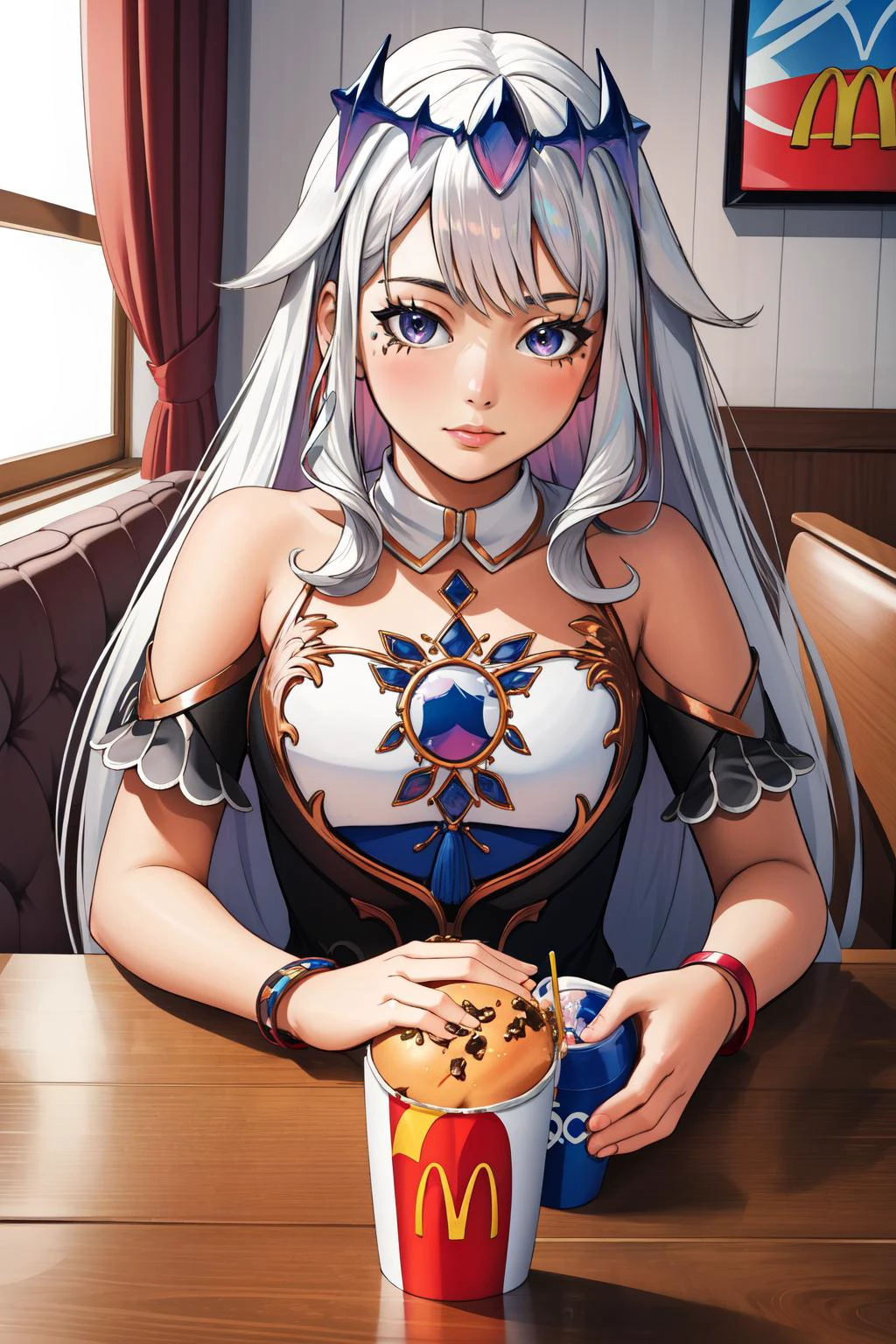 (masterpiece, best quality), intricate details,
1girl, <lora:Koseki_Bijou-10:0.8> koseki_bijou, long hair, white hair,
mcdonalds, sitting at table, <lora:pepsi-05:1> pepsi on table,