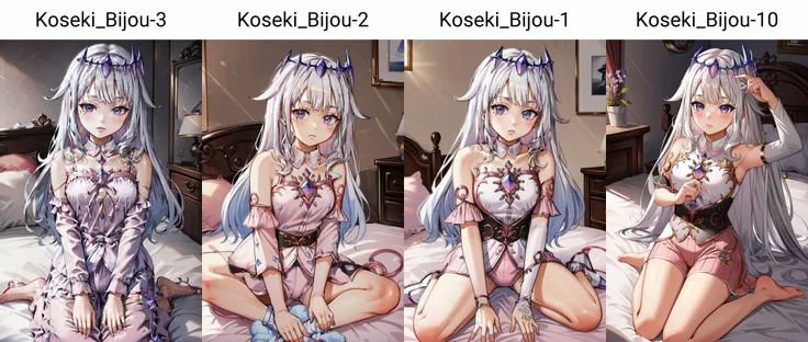 (masterpiece, best quality), intricate details,
1girl, <lora:Koseki_Bijou-3:0.8> koseki_bijou, white hair,
indoors, bedroom, bed, <lora:pajamas-10:0.8> pink pajamas,