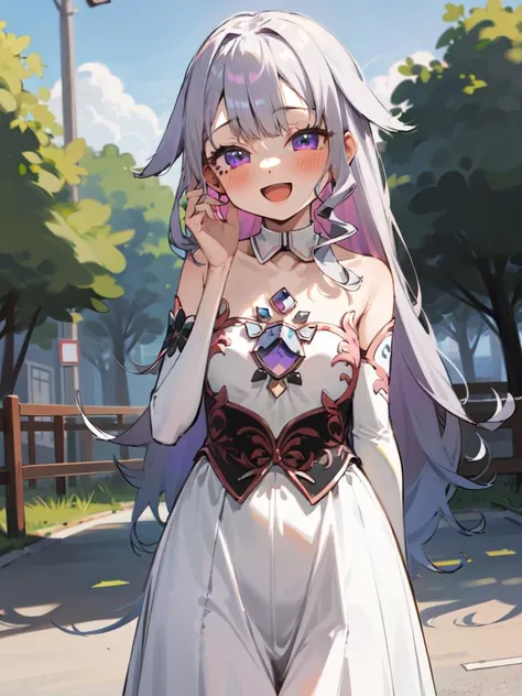 koseki_bijou, hololive, 1girl, solo,
silver_hair, long_hair, purple_eyes,
cute, short, flat_chest,
looking_at_viewer, :d, happy, collarbone,
wide_shot, wide_hips, white_dress, pale_skin,
outdoors,