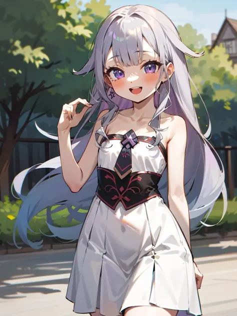 koseki_bijou, hololive, 1girl, solo,
silver_hair, long_hair, purple_eyes,
cute, short, flat_chest,
looking_at_viewer, :d, happy, collarbone,
wide_shot, wide_hips, white_dress, pale_skin,
outdoors,