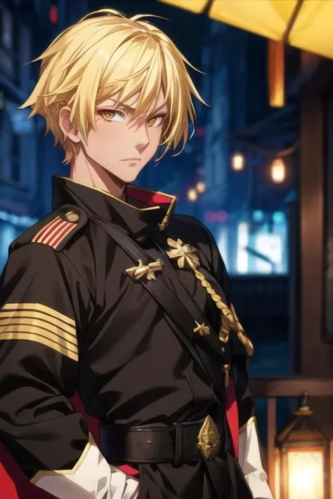 masterpiece, best quality, , 1boy, solo, male focus, looking at viewer, upper body, depth of field, <lora:veldora_tempest:0.64>, veldora_tempest, blonde hair, yellow eyes, , world war 2, HD