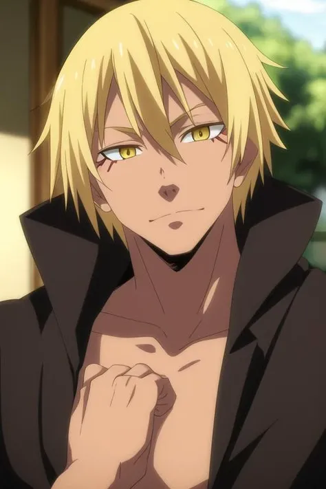 masterpiece, best quality, photorealistic, 1boy, solo, male focus, looking at viewer, , depth of field, <lora:veldora_tempest:0.66>, veldora_tempest, blonde hair, yellow eyes