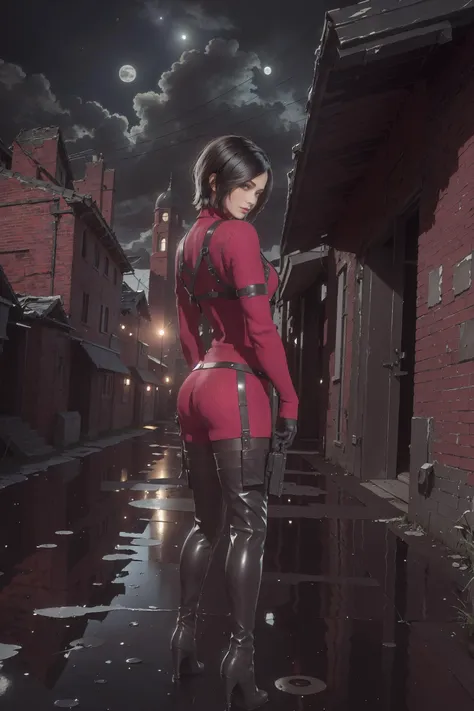 ((masterpiece, best quality;1.3)), ultra detailed, detailed background, <lora:adawong-000012:0.7>, ada_re4, red leotard:1, cut hair, black hair, detalied eyes, ultra detailed eyes, suspenders, standing with back, full length, from very below, focus on ass, outside, dark, darkmoon, abandoned village blackground, abandoned city background, reflection, small moon in sky, starry, after rain