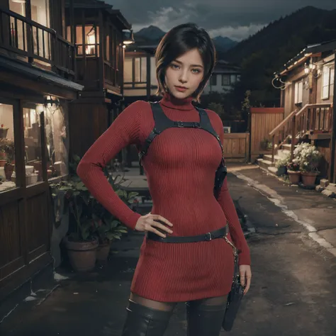 <lora:adawongV2:0.8>,Ada_re4, (standing:1.4),(beautiful face:1.5), 1girl,black hair, short hair, red sweater, belt, black thigh boots, ((upper body)),(realistic:1.7),((best quality)),absurdres,(ultra high res),(photorealistic:1.6),photorealistic,octane render,(hyperrealistic:1.2), (photorealistic face:1.2), (8k), (4k), (Masterpiece),(realistic skin texture), (illustration, cinematic lighting,wallpaper),( beautiful eyes:1.2),((((perfect face)))),(cute),(standing),((looking at viewer)),(dynamic pose:1.3), outdoors, houses, flowers paths, mountains, lake, dock,