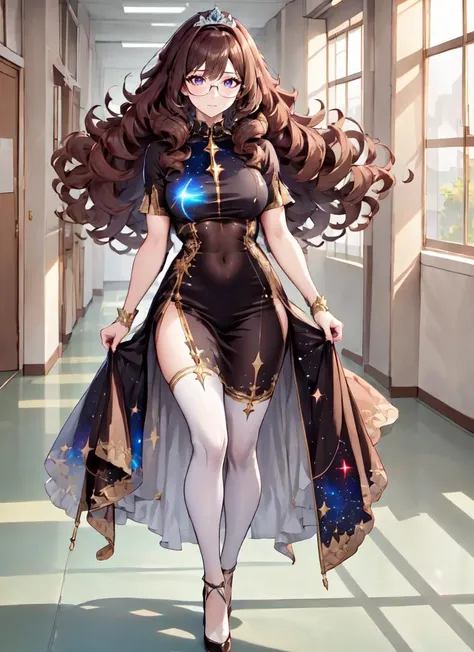 ((best quality)), ((highly detailed)), absurdres, (detailed eyes, deep eyes), (1girl), (glasses), close-up, dynamic pose, full body}, <lora:stellar_clothing-1.0:.8>, ((stellar clothing)), princess, ((very long hair)), <lora:big_hair-1.0:1>, big hair, curly hair, light brown hair, large dress, (maxiskirt), tiara, (inside, <lora:school_hallway_v0.1:1>, school hallway)