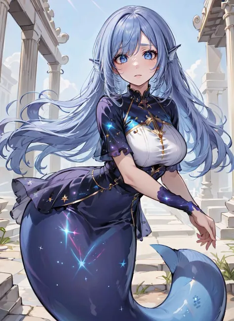 ((best quality)), ((highly detailed)), absurdres, detailed face, beautiful face, (detailed eyes, deep eyes), (1girl), dynamic pose, cowboy shot, wide shot}, <lora:stellar_clothing-1.0:.9>, stellar clothing, shirt, <lora:hairdetailer:.6>, <lora:aiomonstergirls_loraLocon:.5>, <lora:animeMermaid_v10:1>, (mermaid), fins, (outdoors, in a temple, morning)
