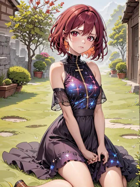8k, highly detailed, 1girl, <lora:stellar_clothing-1.0:1>, stellar clothing,
dark red hair Textured Bob,
rustic barn wall,
sitting cross-legged on the ground,
frown
