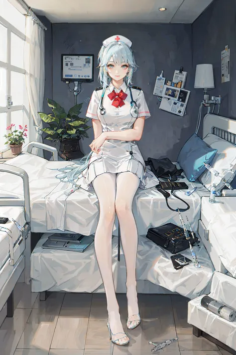 High resolution, Best Quality, 32K, masterpiece, (Portrait of a Woman), (Spooky hospital room in the midst of the midnight, closed curtains), {{outfit: Strapless, Wrapped in worn and torn white bandages, covering full body and face}}, (Full body shot, Overall view of the abandoned, shabby hospital room), ((Sitting on a shabby bed with legs apart, Revealing realistic shaved armpits to viewers as a subtle hint of her vulnerability)), an abandoned, shabby, and messy hospital room, scattered with traces of dried blood all over the walls and floor, 1 hospitalized woman, disclosing a vast and