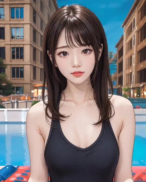 best quality, RAW, detailed, photorealistic, 8k, high res, 1girl, woman, (portrait:0.6), gorgeous, ((poolsidebackground:2.5)), ((white sleeveless tshirt:2, smallsize round breast:1.5)),  (head straight-looking at viewer:2.2), (1girl eyes looking at viewer, short-length straighthair,  blackhair, bangs:1.65), photorealistic, (bokeh), (closed mouth:1.3), gorgeous, pureerosface_v1,  <lora:AVID-saika:0.67> <lora:GRAV-:0.7>