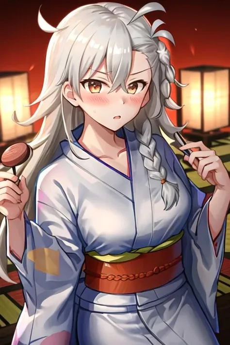 best quality, masterpiece, highres, solo, {yukata:1.40}, {kimono:1.20}, {olga_marie_animusphere_fgo:1.15}, long_hair, braid, white_hair, blush, yellow_eyes, ahoge, hair_between_eyes, breasts, grey_hair