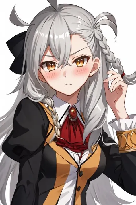 best quality, masterpiece, highres, solo, {olga_marie_animusphere_fgo:1.15}, long_hair, braid, white_hair, blush, yellow_eyes, ahoge, hair_between_eyes, breasts, grey_hair, 1girl, looking_at_viewer, ascot, side_braid, bangs, red_ascot, white_background, simple_background, single_braid, closed_mouth