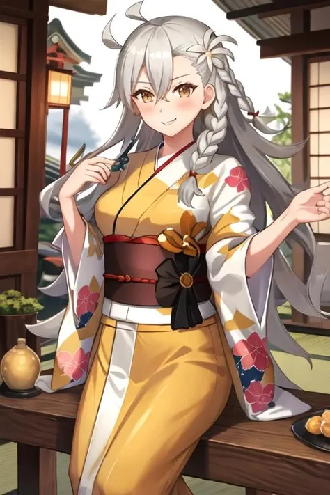 best quality, masterpiece, highres, solo, {olga_marie_animusphere_fgo:1.15}, long_hair, braid, white_hair, blush, yellow_eyes, ahoge, hair_between_eyes, breasts, grey_hair, 1girl, flower, hair_ornament, japanese_clothes, kimono, looking_at_viewer, smile, hair_flower, bangs, alternate_costume, obi, sash, yukata