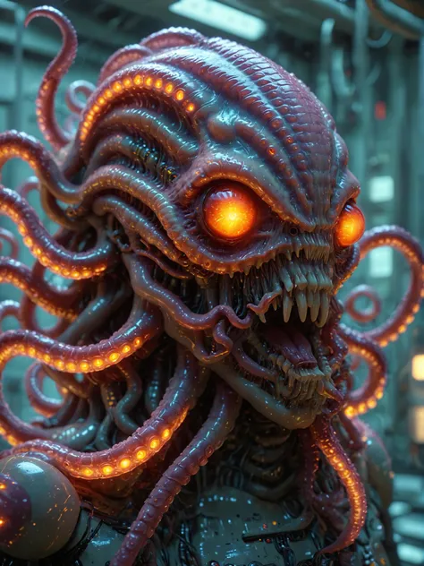 octopus in an electrical lab, glowing eyes, large head, cyborg, mouth open, angry, tongue out, glowing tentacles, dramatic lighting, cinematic, highly detailed, detailed style, electronics, gl0ssy1, Cyberpunk, backlight, dark, creepy, horror, <lora:detailed:0.4> <lora:CinematicStyle_v1:0.4>, <lora:gl0ssy1:0.4>, <lora:cybepunk:0.4>