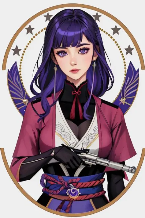 alexanderlobanov, drawing <lora:alexanderlobanov10-000014:1>, ultra detailed, beautiful and aesthetic, masterpiece, best quality, 1girl, raidenshogundef <lora:genshinfull1:1>, extremely detailed, dynamic angle