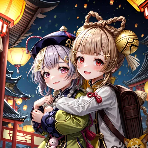 (2girls), smile, (child), qiqidef, upper body, hugging, lantern, Chinese temple
AND (2girls), smile, (child), yaoyaodef, hair bell, upper body, hugging, lantern, Chinese temple <lora:genshinfull1:1>