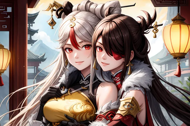 (2girls), smile, mature female, <lora:genshinfull1:1>, upper body, hugging, lantern, Chinese temple BREAK
beidoudef, red eyes, eyepatch BREAK
ningguangdef, yellow eyes, good hands, <lyco:GoodHands-beta2:1.0>