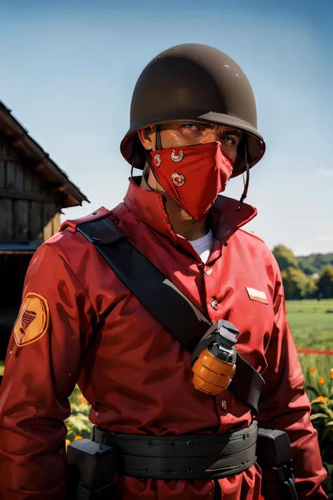 soldier, helmet, red shirt, bandolier, wearing a (long red bandana mask), looking at viewer, serious, close up, outside, farm, field, red barn, blue sky, extreme detail, masterpiece, <lora:Bandana_Mask:.7> <lora:soldierlorav3:.7>