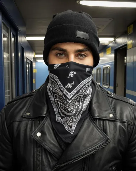 <lora:Bandana_Mask:0.7>, masterpiece, best quality, man, black bandana mask, beanie, leather jacket, in a subway, intricate detail, atmospheric, dramatic