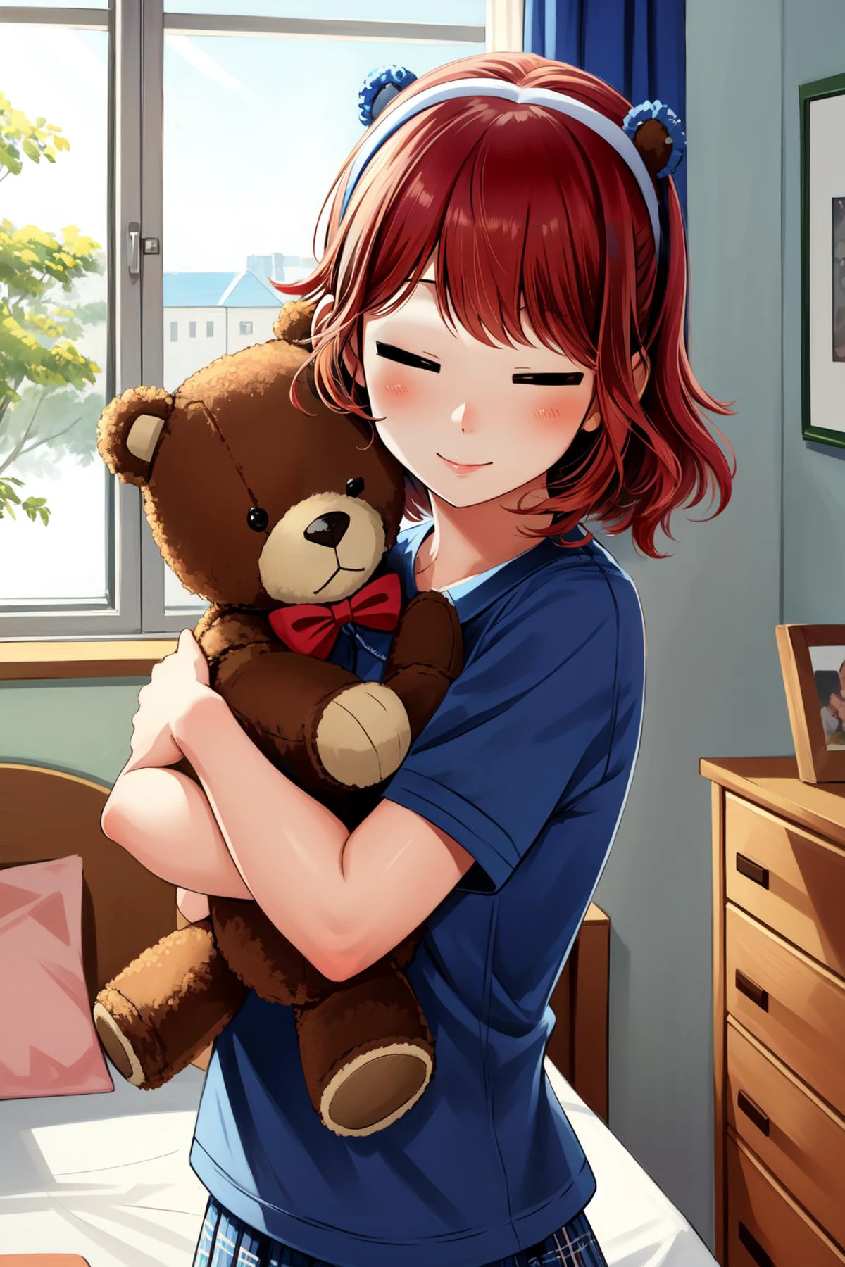 (masterpiece, best quality), intricate details,
1girl, <lora:annie:0.8> annie,
indoors, bedroom, hugging stuffed bear, <lora:hotarueye_comic2_v100:1.1> eyes closed,