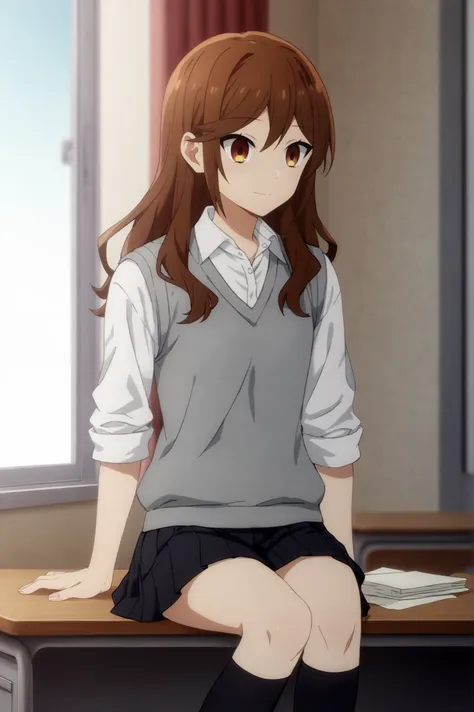 score_10, score_8_up, score_7_up, <lora:Horimiya:0.8>, Horimiya, 1girl, solo, long hair, shirt, skirt, brown hair, sitting, school uniform, white shirt, pleated skirt, collared shirt, socks, indoors, black skirt, kneehighs, black socks, sleeves rolled up, sweater vest, paper, head out of frame <lora:sdxl_lightning_4step_lora:1>,