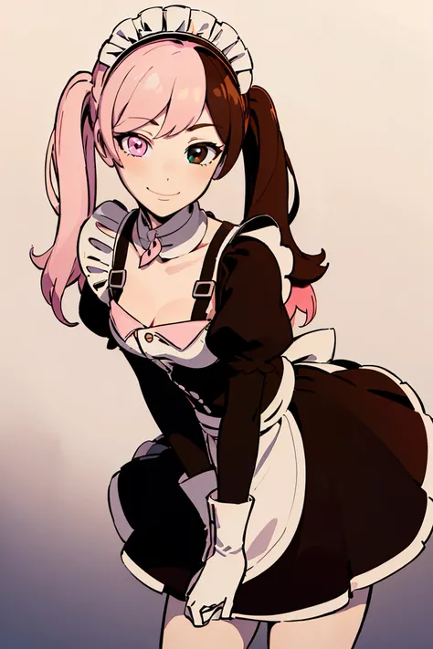 ((masterpiece,best quality)), absurdres, (maid outfit:1.5, skirt, thighighs), (twintails),
<lora:Neopolitan_RWBY_v2_AnyLora:0.8>, Neopolitan_RWBY, pink hair, brown hair, split-color hair, ((brown eyes, pink eyes, heterochromia)), blushing,
white pants, white gloves,
solo, smiling, looking at viewer, cowboy shot, leaning forward,
