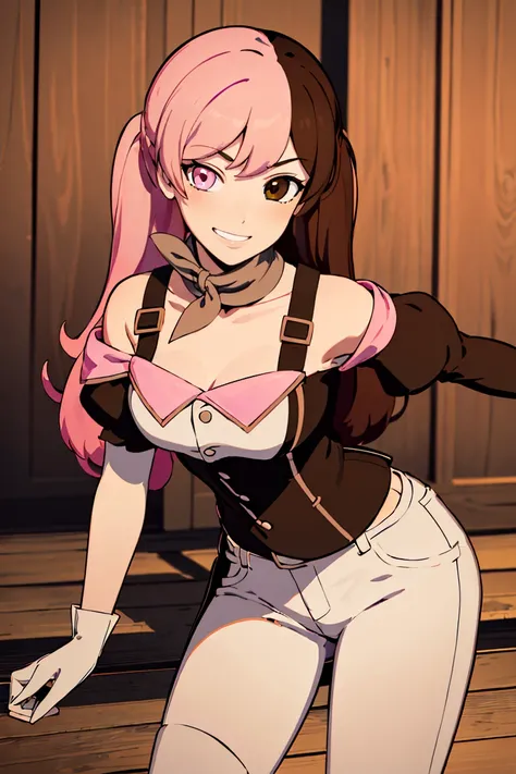 ((masterpiece,best quality)), absurdres, (twintails),
<lora:Neopolitan_RWBY_v2_AnyLora:0.8>, Neopolitan_RWBY, pink hair, brown hair, split-color hair, ((brown eyes, pink eyes, heterochromia)), smug,
white pants, white gloves,
solo, smiling, looking at viewer, cowboy shot, leaning forward,