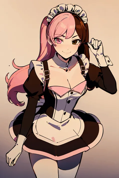 ((masterpiece,best quality)),  absurdres,  (maid outfit:1.5, skirt, thighighs), (twintails),
<lora:Neopolitan_RWBY_v2_AnyLora:0.8>, Neopolitan_RWBY,  pink hair, brown hair, split-color hair, ((brown eyes, pink eyes, heterochromia)), smug,
white pants, white gloves,
solo, smiling, looking at viewer, cowboy shot, leaning forward,