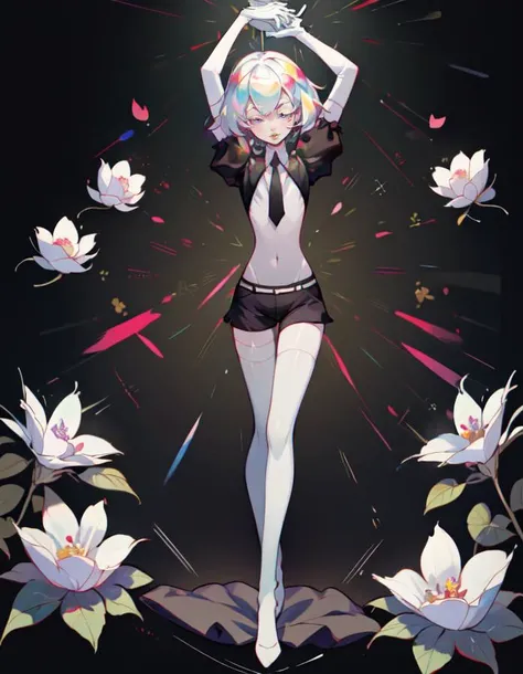 masterpiece, best quality, full body, thick thighs, <lora:diamond-nvwls-v1-final:1>, diamond laying in a bed of flowers, white hair, ((flat chest)), skindentation, arms up, long white gloves, pale skin, black shorts, thigh highs, black shirt and tie,