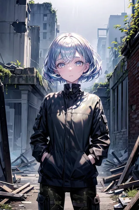 (masterpiece, best quality, detailed), 1girl, solo, looking at viewer, diamond, multicolored hair, multicolored eyes,
<lora:camouflage_uniform04:0.5>, wearing camouflage_uniform, ruins, overgrown, rubble, pillar, outdoors, building, light rays, fog, hands in pockets, expressionless