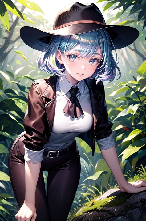 (masterpiece, best quality, detailed), 1girl, solo, looking at viewer, diamond, multicolored hair, multicolored eyes,
fedora, brown headwear, brown pants, black belt, cowboy hat, brown jacket, leather jacket, indiana jones, white shirt, satchel, jungle, nature, vines, moss, fern, tropical, dappled sunlight, parrot, dirty, leaning forward, hanging breasts, smile, parted lips, v-shaped eyebrows