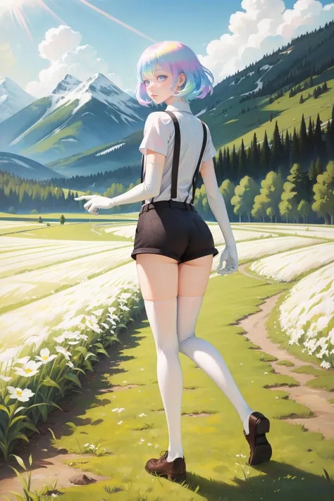 masterpiece, best quality, diamond, multicolored hair, multicolored eyes, white shirt, suspenders, elbow gloves, necktie, short shorts, belt, white thighhighs, shoes, grass, fields, wide shot, mountains, looking at viewer, from behind <lora:diamond-nvwls-v1-000012:0.9>