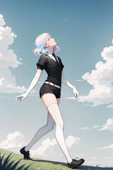 masterpiece, best quality, diamond, multicolored hair, multicolored eyes, black shirt, elbow gloves, necktie, short shorts, belt, white thighhighs, shoes, from side, walking, whole body, sky, grass, looking up <lora:diamond-nvwls-v1-000012:0.9>